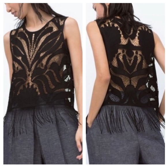 Zara Basic Black Cropped Lace Fringe Hem Sleeveless Boho Top Size XS - Picture 9 of 9
